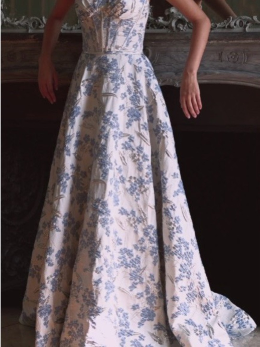 Floral Blue and White Prom Gown - Elegant A-Line Dress